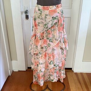 Floral Tiered Ruffle Maxi Skirt - Pink Green